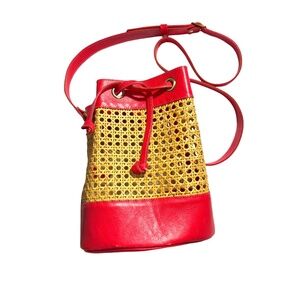 Baru Wicker Crossbody Bag Pink Wicker Open Weave Bucket Draw Closure Boho